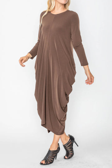 Brown Draped Side Long Sleeve Dress